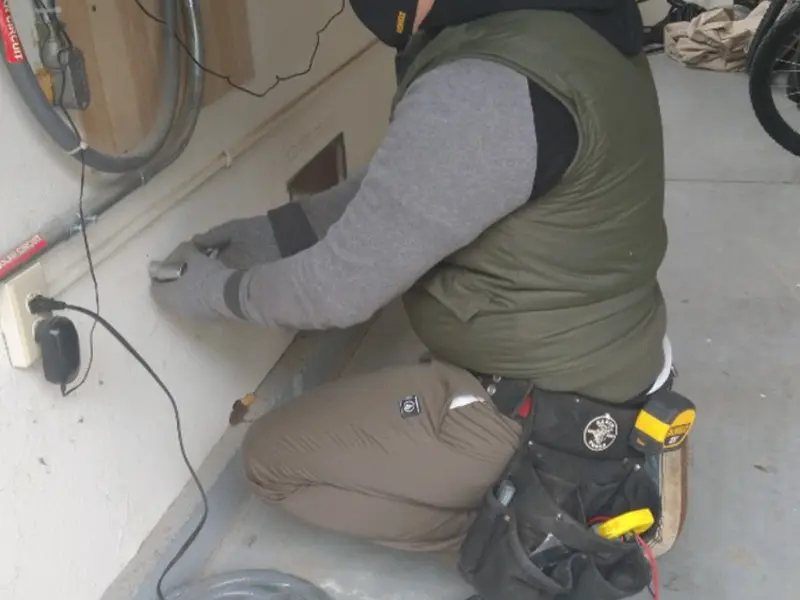 Electrician performing outlet wiring in a Woodstock garage